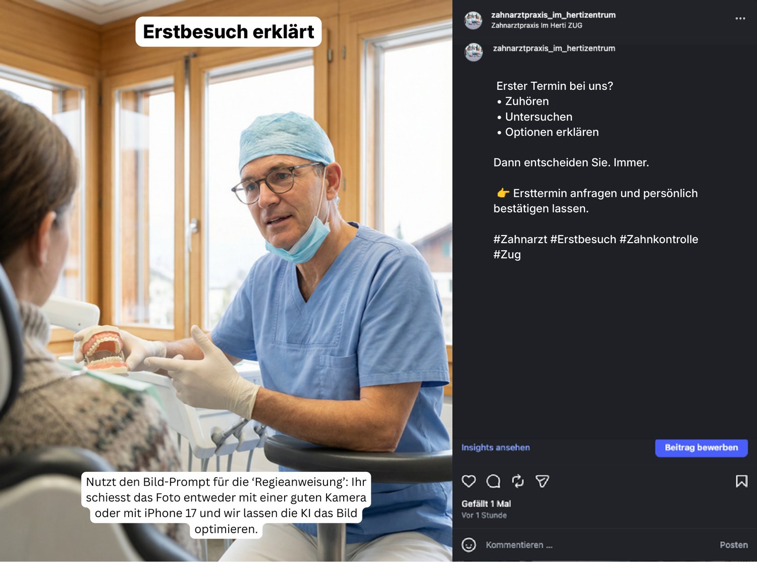 Post-Vorschlag 1 — „Erstbesuch erklärt“ — zuhören, untersuchen, Optionen erklären.