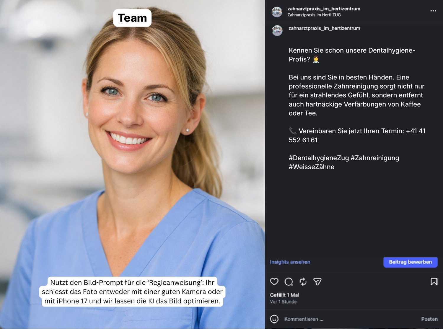 Post-Vorschlag 4 — „Unsere Dentalhygiene-Profis“ — das Team-Porträt.