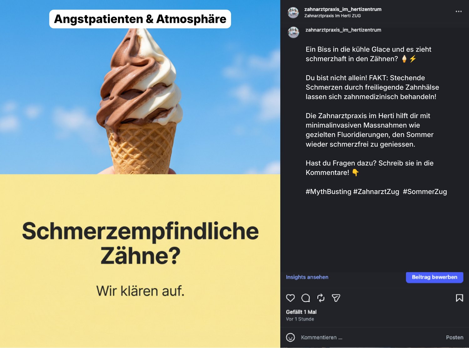 Post-Vorschlag 21 — „Schmerzempfindliche Zähne?“ — der Glace-Sommer-Aufhänger.